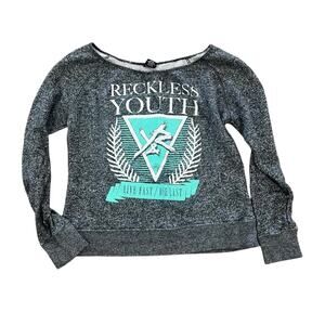 Young & Reckless Sweatshirt Women Size Medium Wide Neck Off Shoulder Gray Rugged